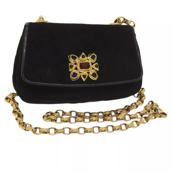 CHANEL Chain Gripoix Shoulder Bag Suede Black CC Auth hk1073 - Picture 1 of 16